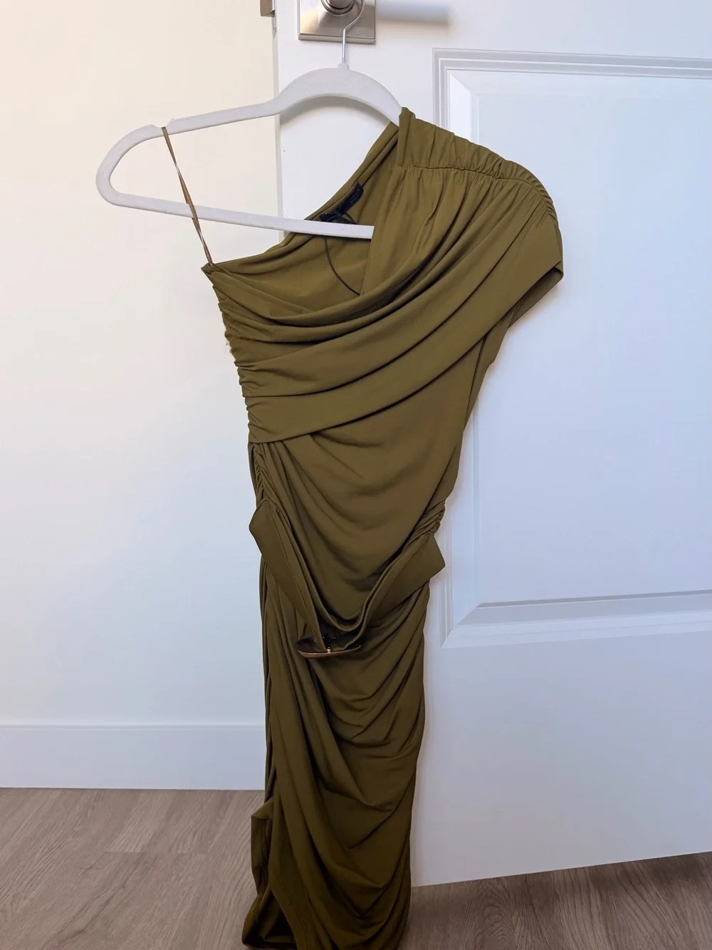 Zara Olive One-Shoulder Ruched Dress with Gold Accent